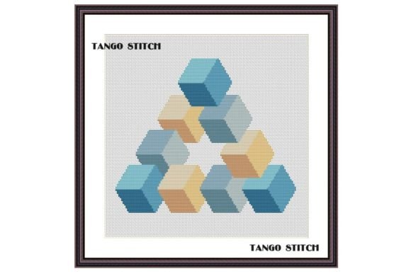 Blue Cubes Abstract Geomentic Embroidery