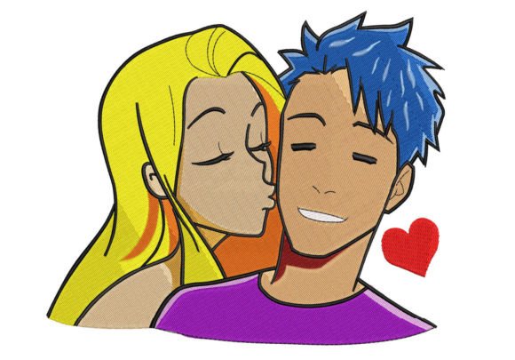 Valentine Couple Cheek Kiss Embroidery