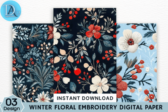 Winter Floral Embroidery Digital Paper